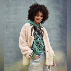 NEW Free People Sweet Varsity Cardigan Jacket Size M Medium Creme Sherpa Teddy